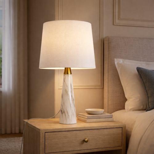 Enclave Hydro White Table Lamp with Gold Brass Finish and Faux Marble Base