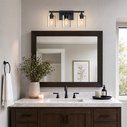 3-Light Black Iron Bathroom Vanity Light, 31.89-Inch Clear Cylinder Glass