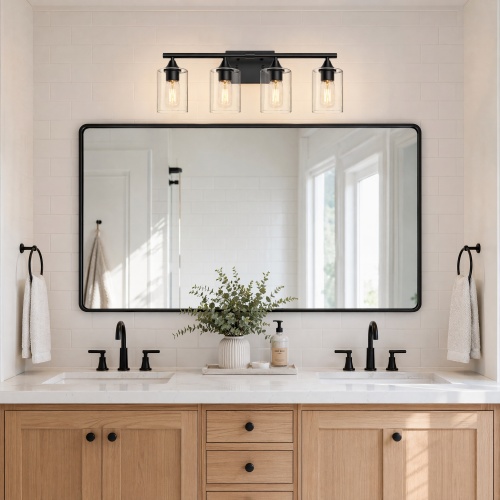4-Light Matte Black Iron Bathroom Vanity Light with Clear Glass