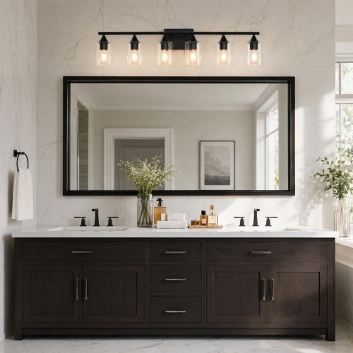 6-Light Matte Black Iron Vanity Light with Clear Glass Shade