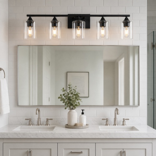 5-Light Matte Black Large Master Bathroom Vanity Light, Heavy-Duty Anti-Rust Metal Wall Sconce with Clear Cylinder Glass Shade for Extra Wide Vanity Mirror((No light bulb)) - Iron