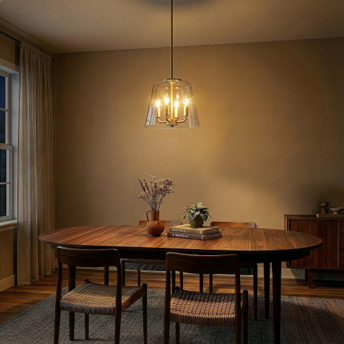 Soiree Four-Light Pendant with Clear Glass, Satin Brass Finish