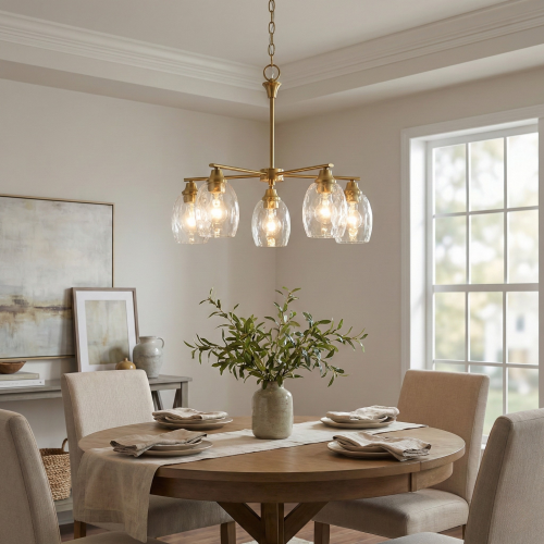 Clear Water Glass & Golden Brass 5-Light 24-Inch Chain Chandelier