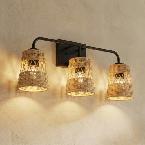 Moonlit Three-Light Black Metal Wall Sconce with Rattan Shade