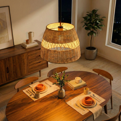 Essence 12-Inch Farmhouse Pendant Light with Black Metal & Rattan Shade