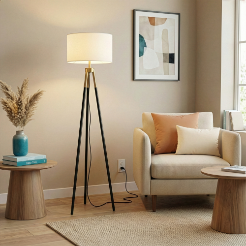 Sway Black and Gold Floor Lamp with White Fabric Shade and Switch