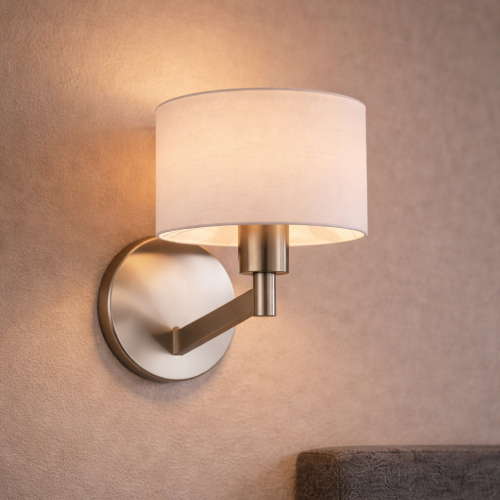 Nebula Brushed Nickel Wall Lamp with Rotary Switch, White Fabric Shade