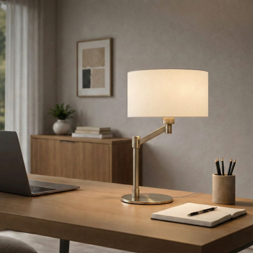 Horizon Brushed Nickel Table Lamp with Curved Metal Base and Linen Shade