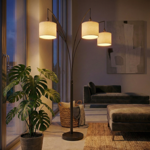 Royal 3-Arm Arc Floor Lamp, Oil-Rubbed Bronze, Linen Shade, 4-Way Switch