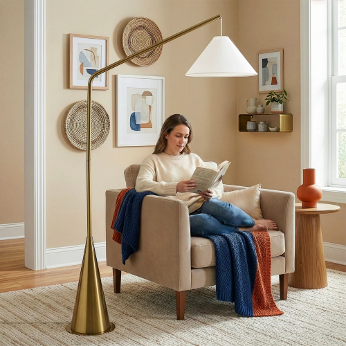 Lisbon Antique Brass Floor Lamp with White Fabric Shade, 67 in.