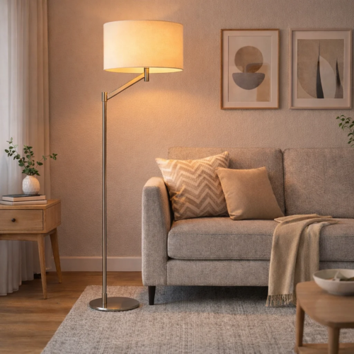 Serene Brushed Nickel Floor Lamp with Rotary Switch, White Linen Shade