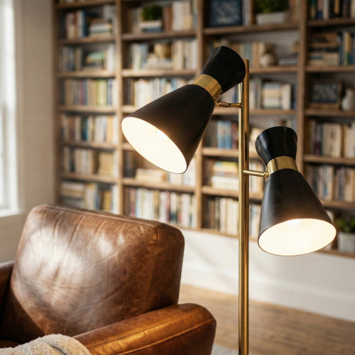 Axis Black and Gold Metal Floor Lamp with Double Spots, 4-Way Switch
