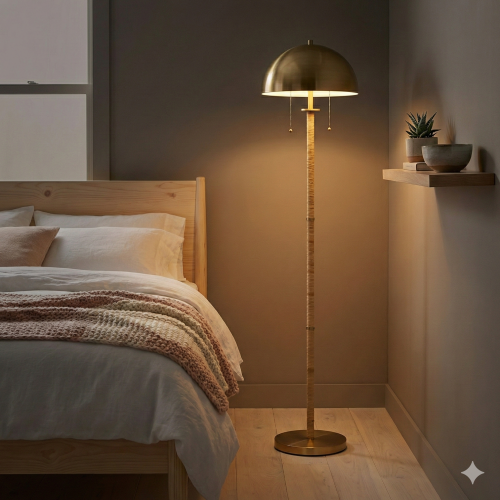 Allure 2-Light Floor Lamp in Gold Brass with Natural Rattan Details