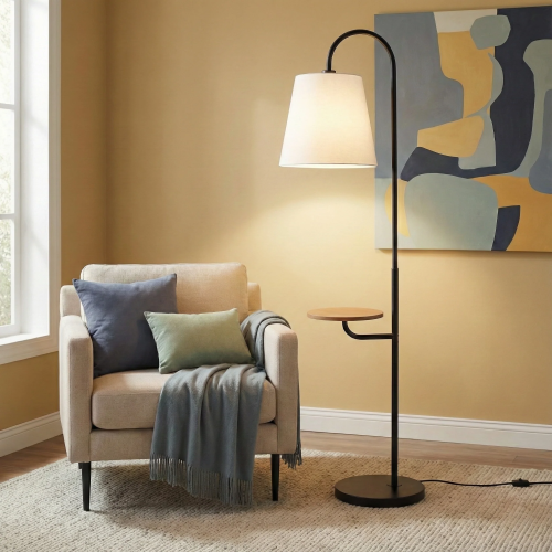 Seoul Black, White & Wood Floor Lamp with Rotary Switch, Linen & Metal