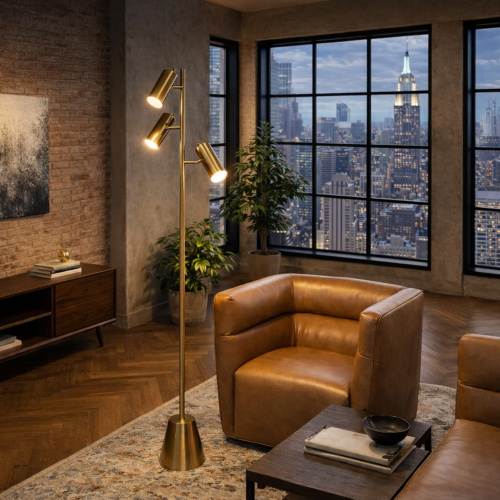 Lumina Gold Brass Floor Lamp with Rotary Switch, Triple Cone Spots