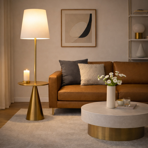 Celestial Modern Floor Lamp with Brass Accent Table, Gold White Linen