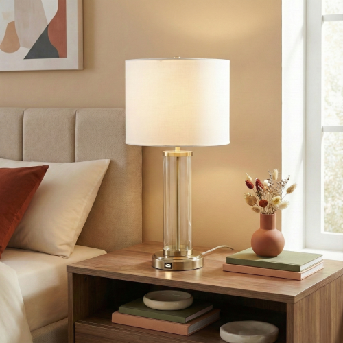 Luna Clear Glass Table Lamp with Brushed Nickel Base, Linen Shade