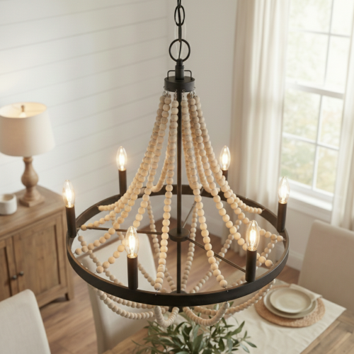 22-Inch Black Metal, Clear Glass and Wood Beaded Six-Light Chandelier
