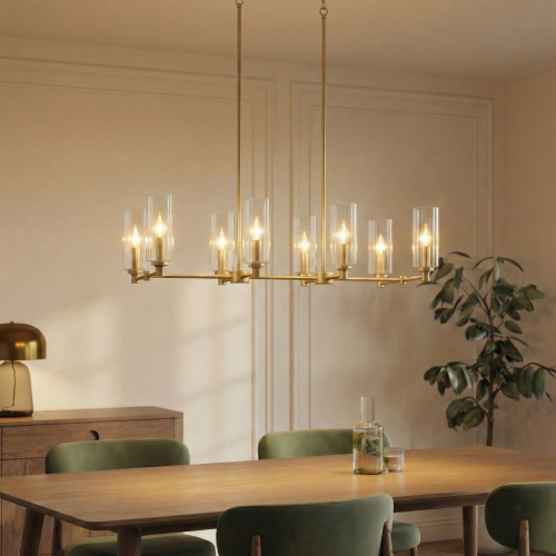 Willow 8-Light Island Pendant with Clear Ribbed Glass, Antique Brass, 36-Inch