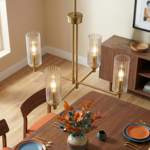 Enigma Four-Light Chandelier with Ribbed Glass, Antique Brass Finish