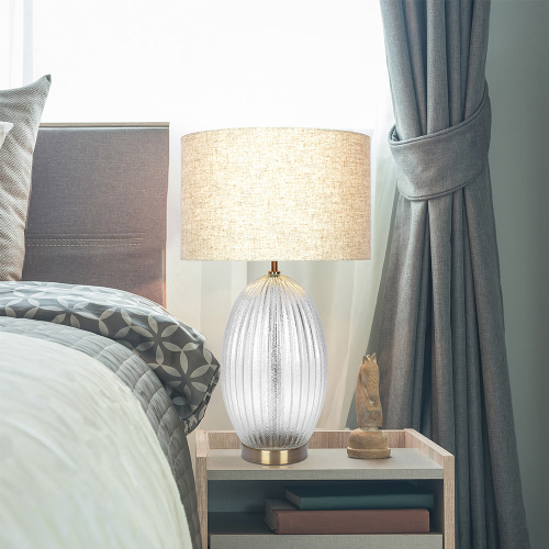 Aurora Ribbed Clear Glass Table Lamp, Beige Linen Shade, Gold
