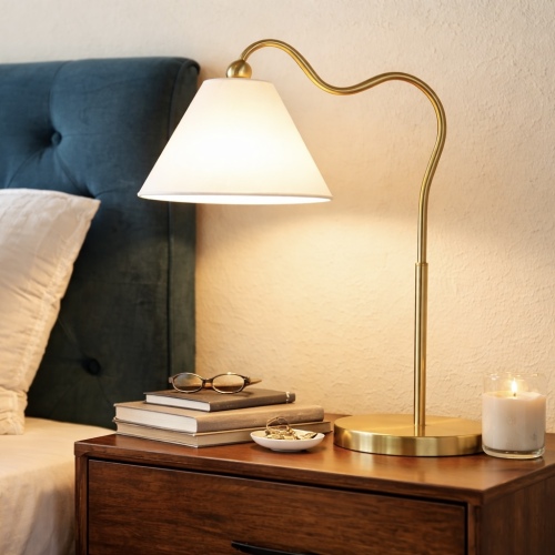 Gold Metal Ring-Base Lamp with White Triangle Shade, 18.25 x 9.50 x 22.00 in.