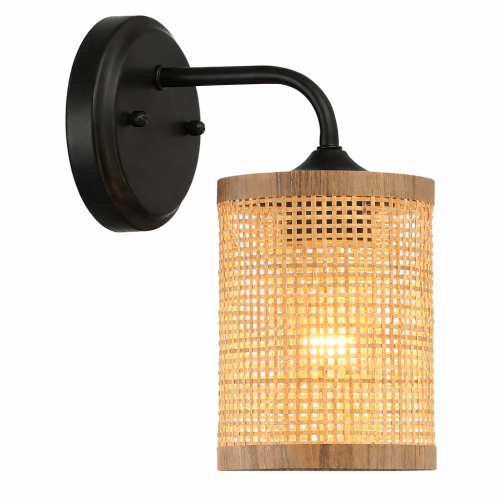 Reef Single-Light Wall Sconce with Black Metal and Natural Rattan Shade
