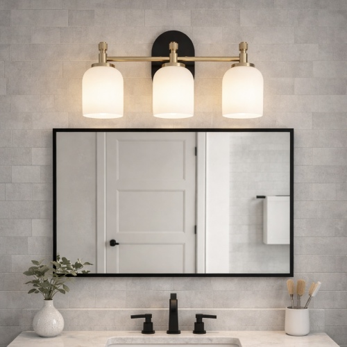 Meadows 3-Light Black & Gold Metal Vanity Light, 20.5-Inch Frosted Glass