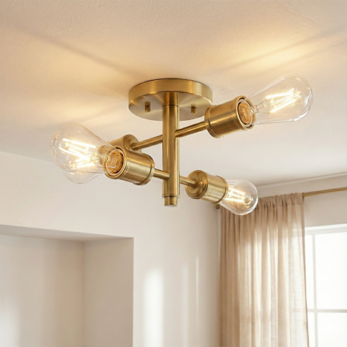 Ephemeral Four-Light 11-Inch Antique Brass & Glass Semi-Flush Light