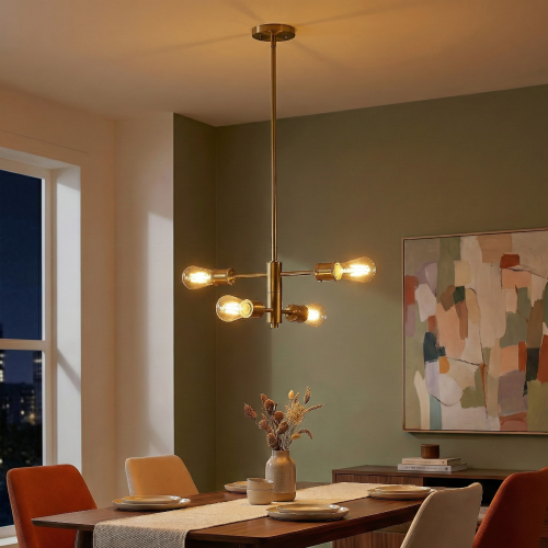 Modern Trellis Four-Light Gold Brass and Glass Chandelier, 15-Inch