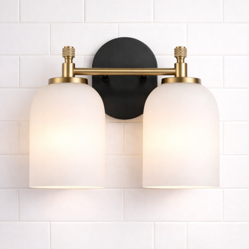 Two-Light Vortex Vanity Sconce, Black Gold White Glass Metal, 10.4 in