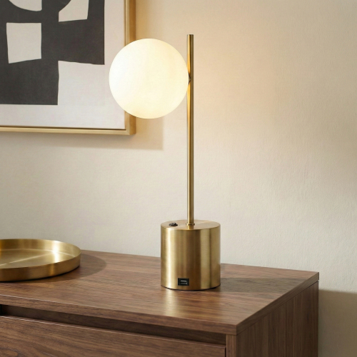 Ethereal Small Brass Table Lamp, White Glass Globe, 22-Inch Gold