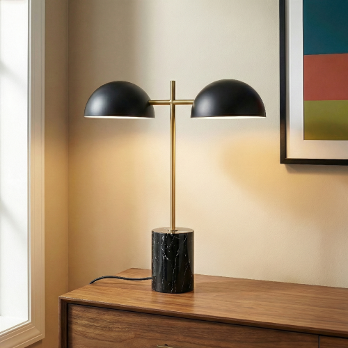 Black and Gold Double Table Lamp with Faux Marble Base, 22-Inch