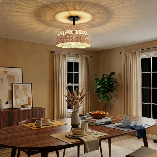 Twinkle Double-Light Semi-Flush Light, Black Metal & Rattan, 15 x 12.6 in