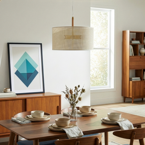Glacier Beige Wood + Paper Pendant Lamp, 15.7-Inch, Oak + Natural + Gold