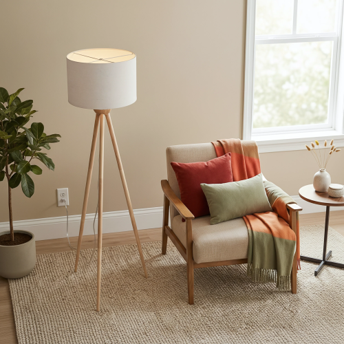 Lirios Brown Wooden Three-Leg Floor Lamp, 58-Inch Tall LED Light
