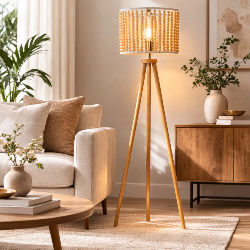 Brillo Three-Legged Wood Floor Lamp, Brown, 59-Inch Standing Light