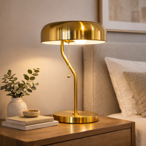 Metro Gold Metal Table Lamp with White Interior, 110–120V, 12 x 12 x 17 in