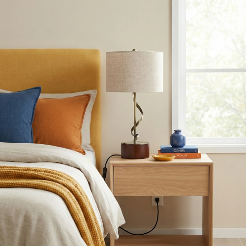 White Solid Wood Table Lamp, 22-Inch Bedroom Reading Light