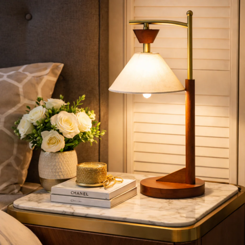 Brown Wood Table Lamp with Cone Linen Shade, 9 x 10 x 20 in.