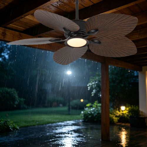 52-Inch Brown ABS Wet-Rated Palm Leaf Outdoor Ceiling Fan with Light