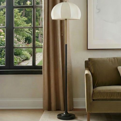 White Iron Floor Lamp with Textured Base and Fluted Fabric Shade