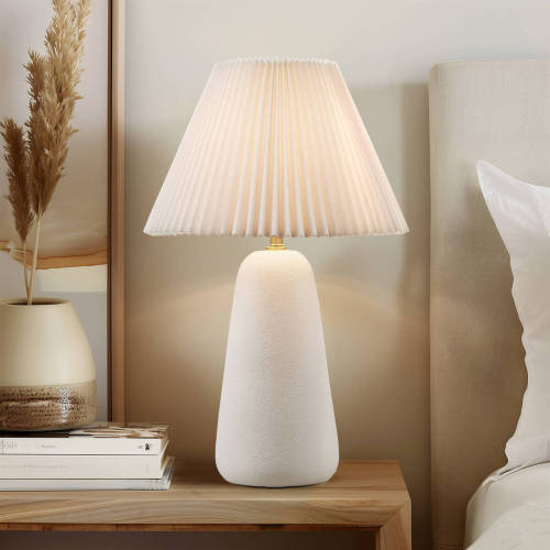 White Textured Ceramic Table Lamp with Fluted Fabric Shade, 21-Inch