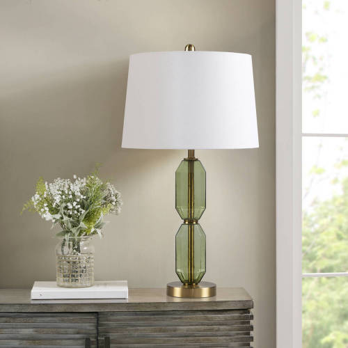 Faceted Green Glass Table Lamp, 15-Inch Wide, 26.5-Inch Tall