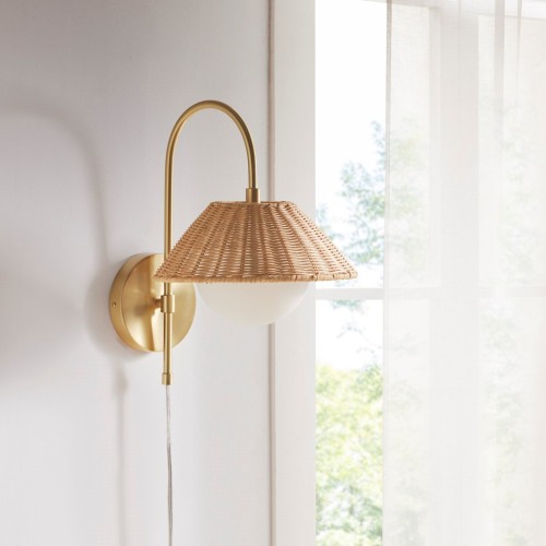 Gold Iron Rattan Weave Wall Sconce, 13.5 x 10 x 15 Inches