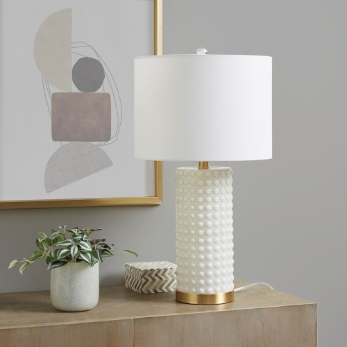 Textured Dot Table Lamp in White and Gold, 25.5-Inch Polyester