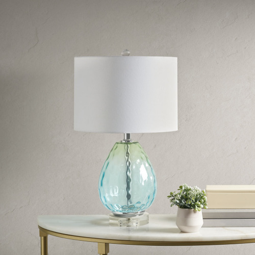 Dark Blue Ombre Glass Table Lamp, Cotton, 14 x 14 x 24.25 Inches