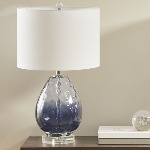 Dark Blue Ombre Glass Table Lamp with Cotton Shade, 24.25-Inch