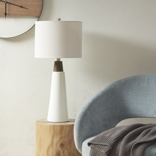 Triangular Ceramic and Wood Table Lamp with Polyester Shade, White and Cream