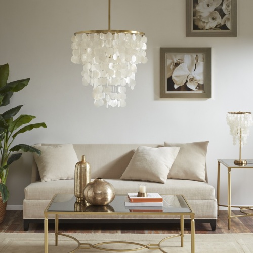 Layered Capiz Chandelier - White - Metal - 21 x 21 x 67.50 in.